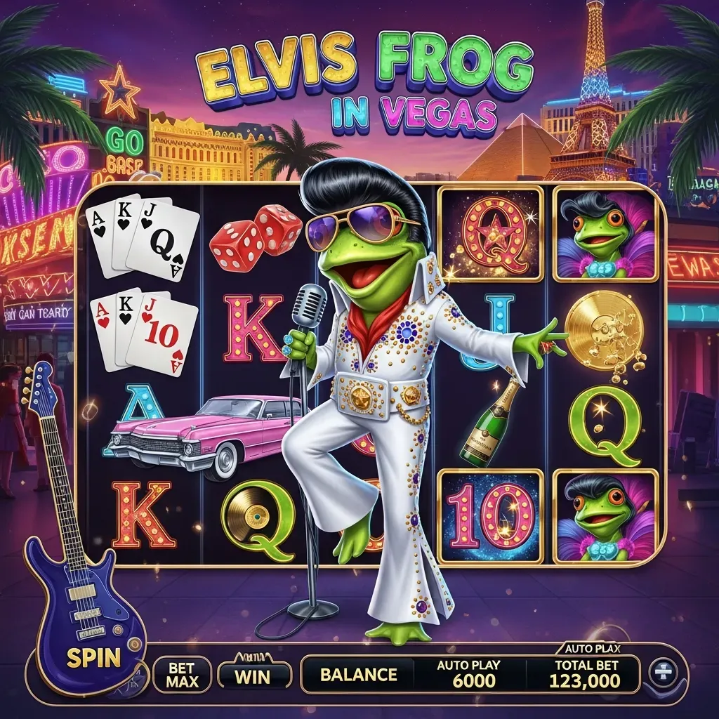 Elvis Frog in Vegas Elvis frog in jumpsuit singing at a Vegas-themed slot machine